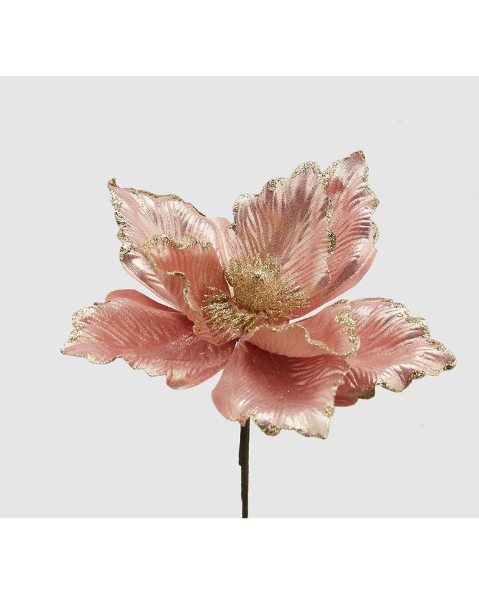 Fiore di magnolia artificiale glitterato hdiam. 24 cm col. rosa