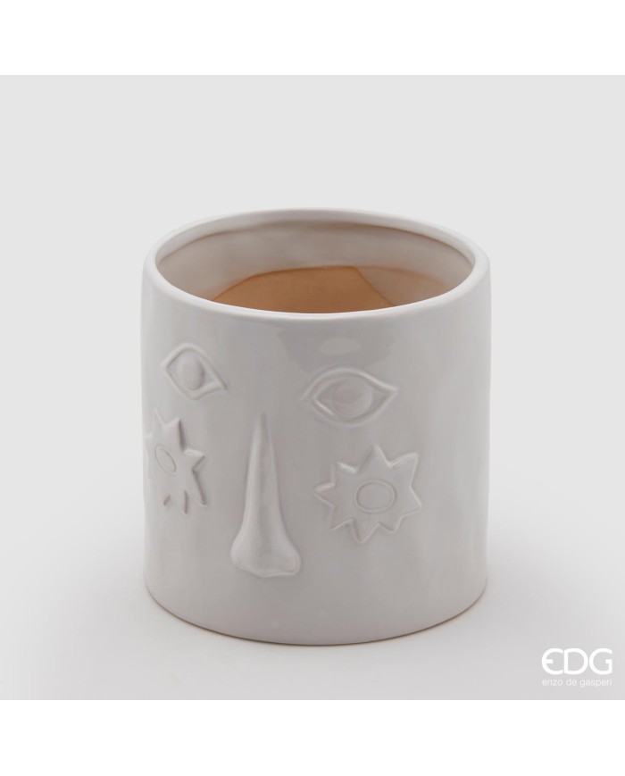 Vaso viso in ceramica occhi e soli. altezza15.5 cm diametro 15.5 cm col. bianco