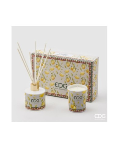 Profumatore bottiglia in vetro decorata Decal 80 ml con e candela in bicchiere in vetro decorato. Essenza : citrus/verbena