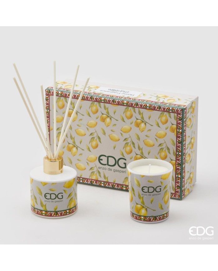 Profumatore bottiglia in vetro decorata Decal 80 ml con e candela in bicchiere in vetro decorato. Essenza : citrus/verbena