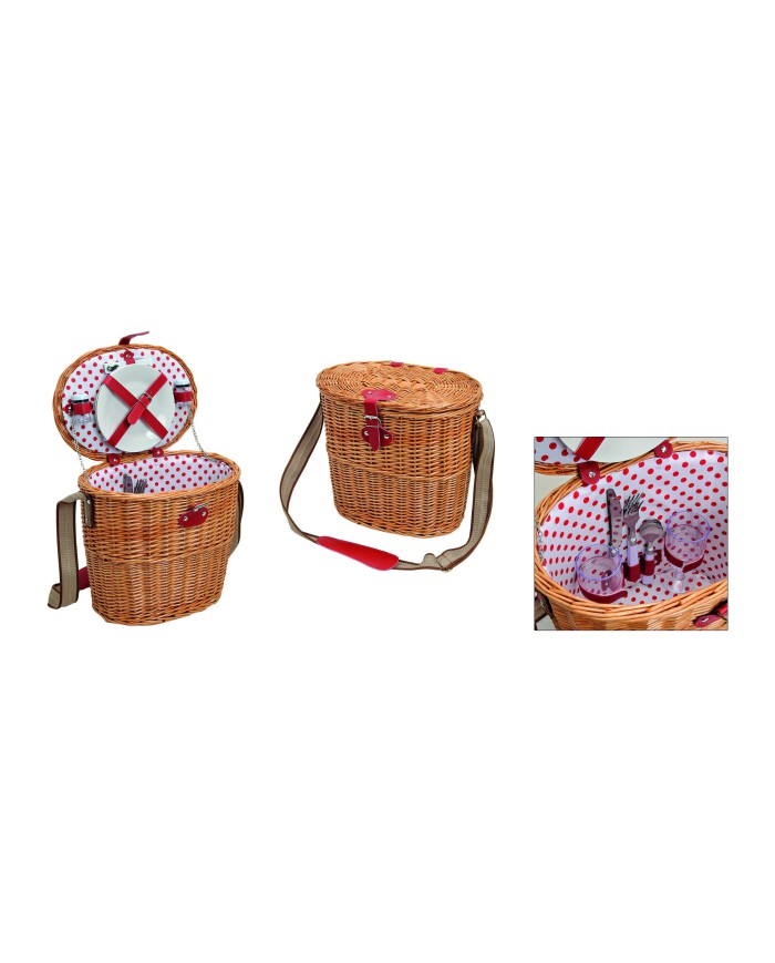 Cestino da picknick per 2 persone. in tessuto e legno. 14 pz. 32x23x30 cm