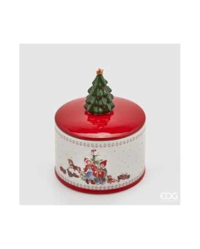 Contenitore "Xmas con pino". ceramica 19 cm diam. 16 col. verde/rosso