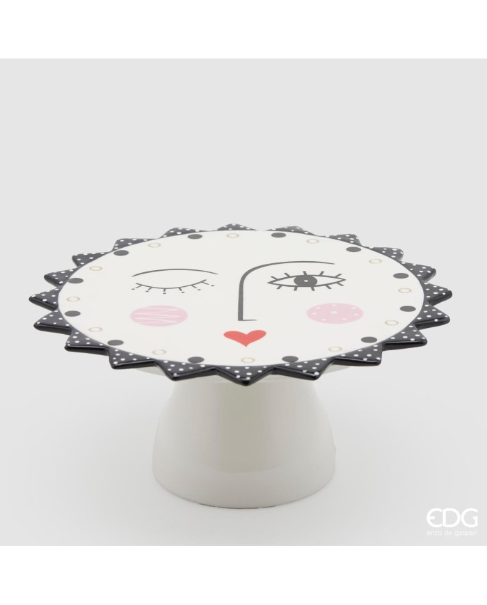 Alzata "sole con viso". ceramica h. 11 diametro 25 col. bianco/nero