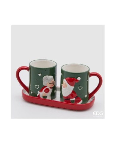 Tazza "bacio mamma natale e babbo natale ". serie 2 pz con vassoio. ceramica 12x25x12 col. verde/rosso.