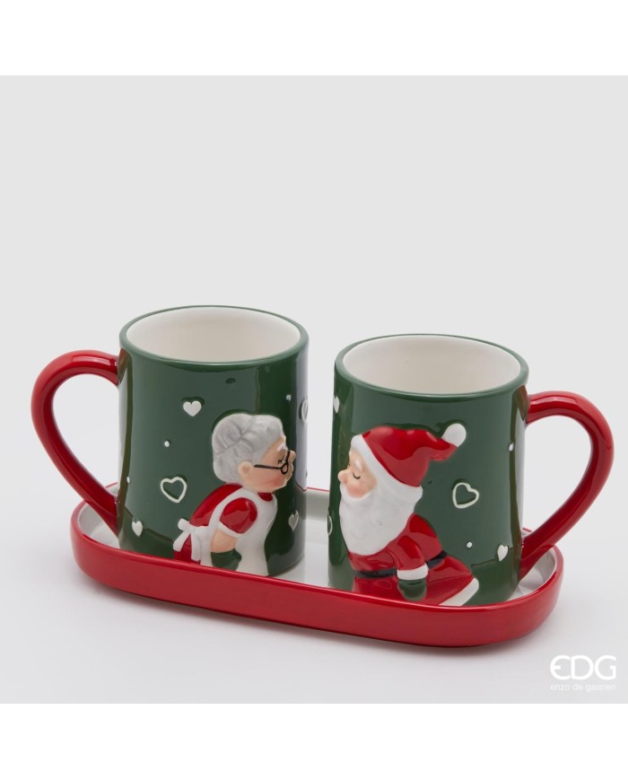 Tazza "bacio mamma natale e babbo natale ". serie 2 pz con vassoio. ceramica 12x25x12 col. verde/rosso.