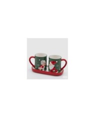 Tazza "bacio mamma natale e babbo natale ". serie 2 pz con vassoio. ceramica 12x25x12 col. verde/rosso.