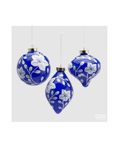 Decoro vetro "floreale". fuso. sfera o trottola. diam. 10 col. blu/bianco. (il prezzo fa riferimento al singolo pezzo).