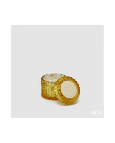Candela crystal con vaso in vetro h. 8.5 cm diametro 9 cm (160 gr) col. giallo. profumazione: arancio/ambra