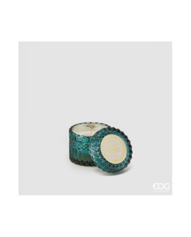 Candela crystal con vaso in vetro h. 8.5 cm diametro 9 cm (160 gr) col. verde acqua. profumazione: ananas. cocco
