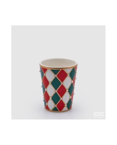 Vaso "rombi" svasato. ceramica h. 13 diametro 10.5 cm col. verde/rosso