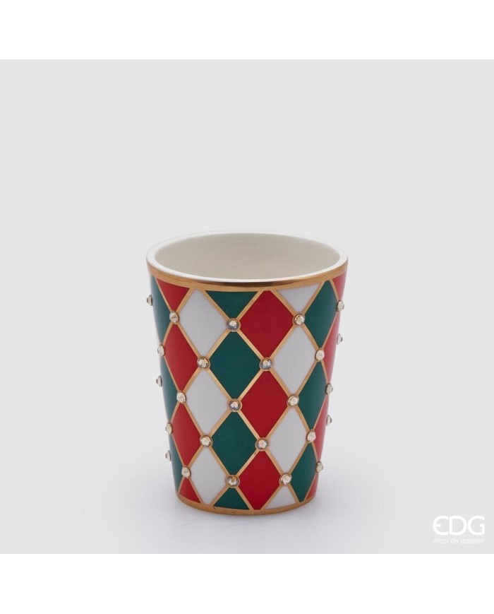 Vaso "rombi" svasato. ceramica h. 13 diametro 10.5 cm col. verde/rosso