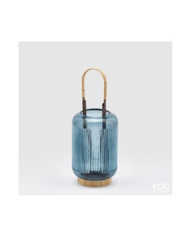 Lanterna in vetro con base rattan. h. 36 diametro 14 col. blue