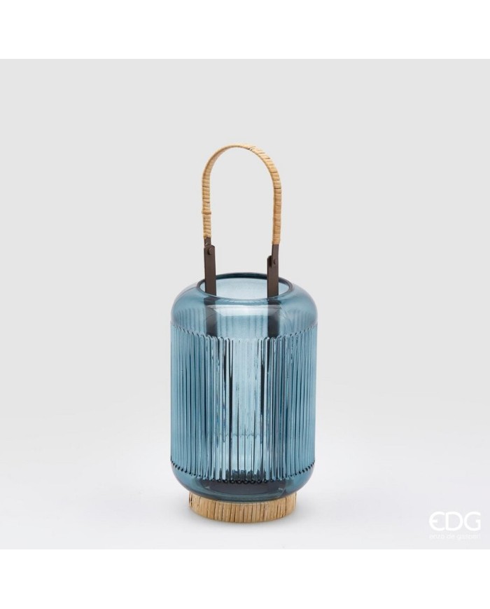 Lanterna in vetro con base rattan. h. 36 diametro 14 col. blue