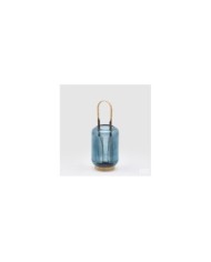 Lanterna in vetro con base rattan. h. 36 diametro 14 col. blue