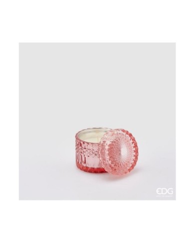 Candela "Crystal new". cera. vaso in vetro. h. 8.5 diametro 9 col. rosa. essenza: rosa.