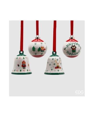 Decoro Palla. campana. sfera "Xmas". 4 modelli h. 10 ceramica col. verde/bianco (il prezzo fa riferimento al singolo pezzo)-