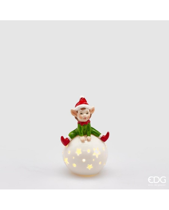 Elfo su sfera con led. porcellana. h. 12 col. verde/rosso