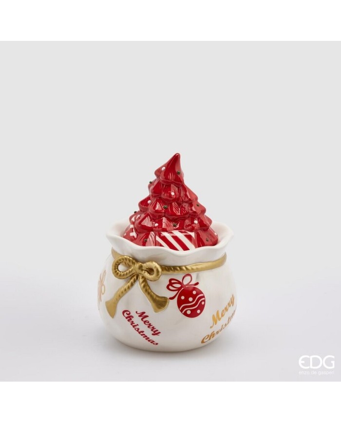 Contenitore sacco con pino. porcellana. h. 20 diametro 14 col. bianco/rosso