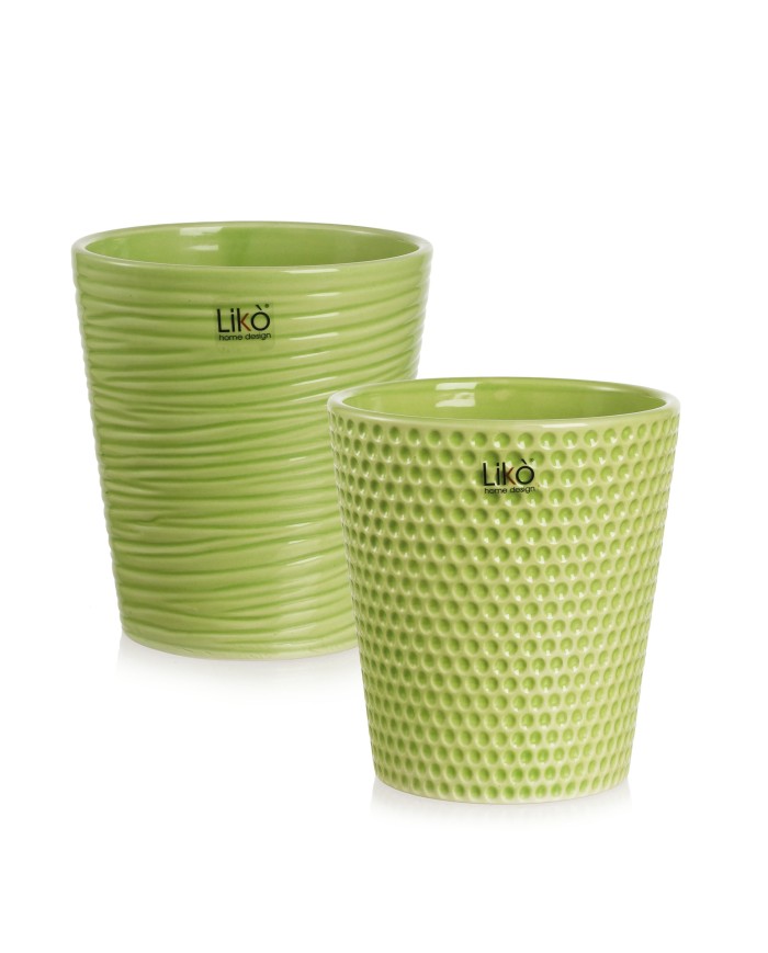 Vaso "caspò". ceramica diametro 13 h. 14 righe/pois. col. verde
