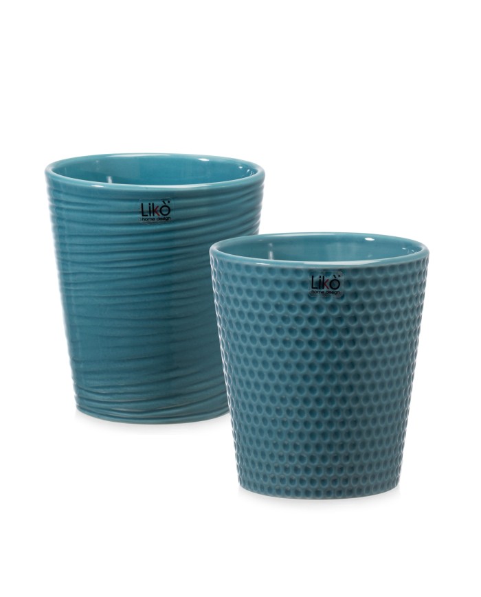 Vaso "caspò". ceramica diametro 13 h. 14 righie/ pois. col. azzurro lucido