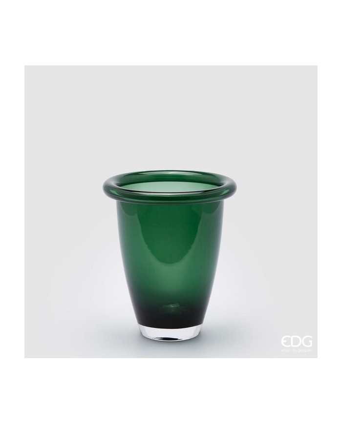 Vaso con bordo. vetro. h. 21 diametro 18 base larga. col. verde scuro