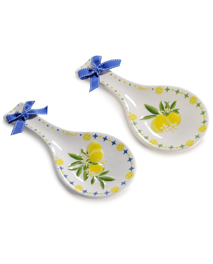 Poggia mestolo in ceramica con decori "limoni" in rilievo e fiocco (il prezzo fa riferimento al singolo articolo)