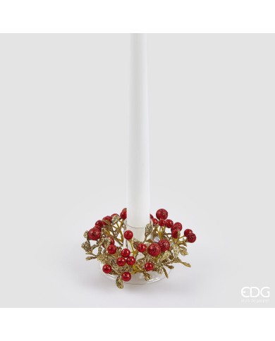 Coroncina bacche con foglie  , tessuto/plastica, diam. 9 cm, col. rosso/oro - brand: edg