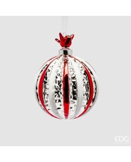 Sfera "righe", vetro e porcellana, diam. 9 cm col. bianco/rosso - edg