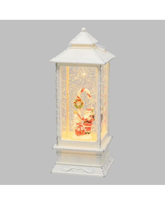 Lanterna rettangolare bianca, glitter led, h. 27.5 cm