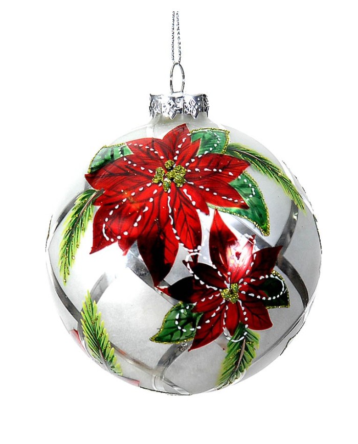 Sfera "stella natale", vetro, diam. 10 cm col. bianco/rosso