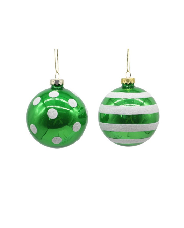 Sfera "pois", "righe", vetro, diam. 8 cm, col. bianco verde ( il prezzo fa riferimento al singolo pezzo) Sfera "pois", "righe", vetro, diam. 8 cm, col. bianco verde ( il prezzo fa riferimento al singolo pezzo)