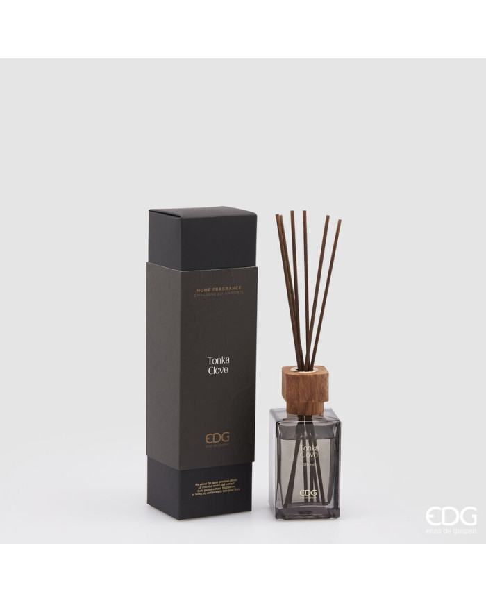 Profumatore bott. tappo legno, 120 ml + bastoncini essenza: tonka clove