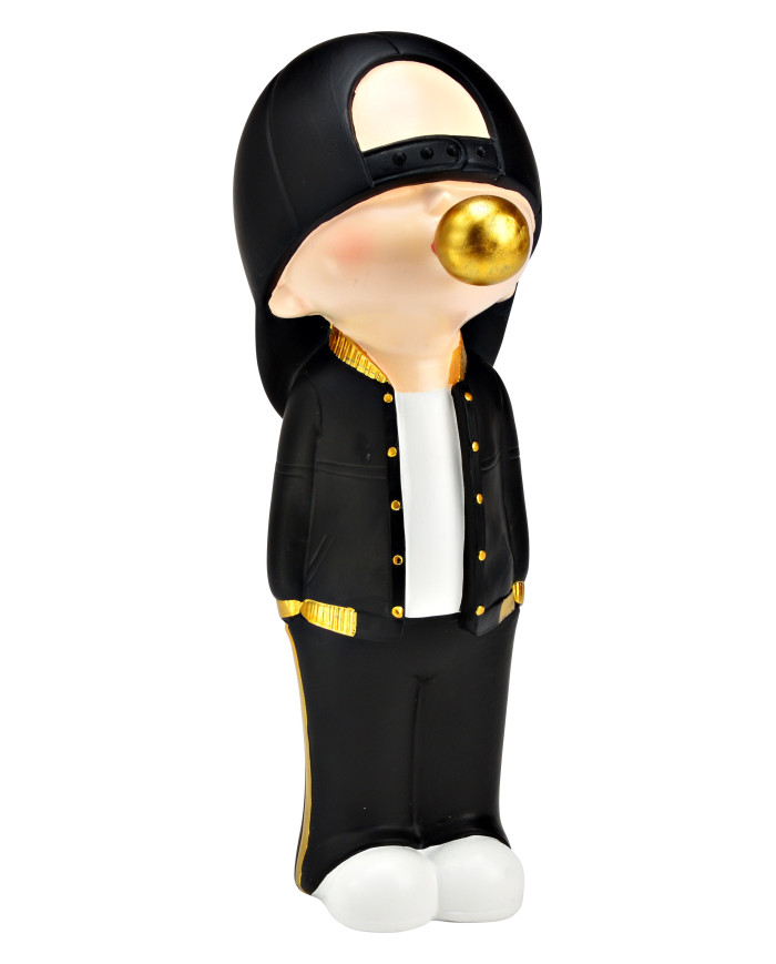 Ragazzo con chewing gum, poli resina , col. bianco/nero/oro  , 9x26x13 cm