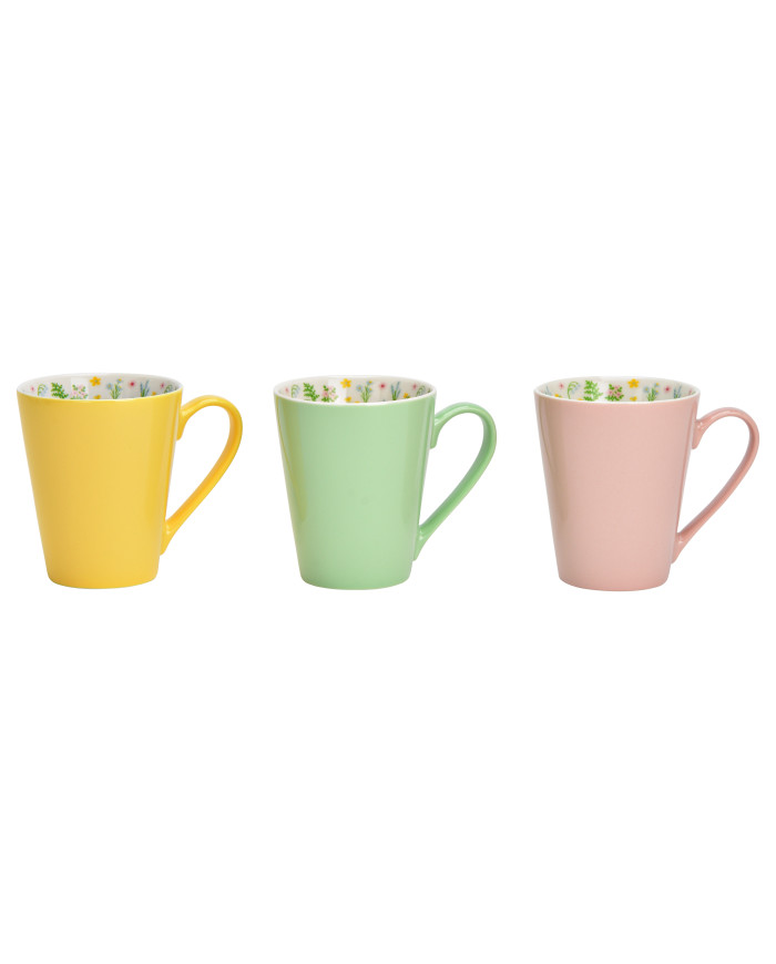 Tazza con interno  floreale, ceramica, 3 versioni disponibili, verde/rosa/giallo, 380 ml, (il prezzo fa rif. alla sing. tazza)