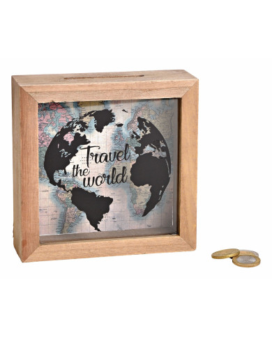 Salvadanaio "travel the world", legno/vetro, 15x15x15 cm