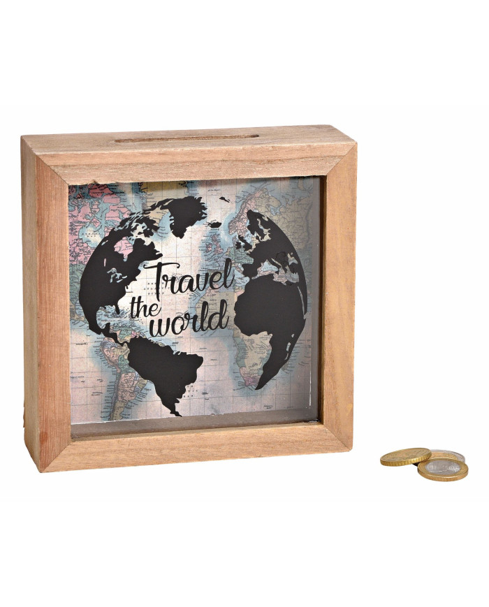 Salvadanaio "travel the world", legno/vetro, 15x15x15 cm
