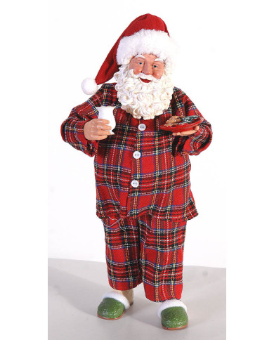 Babbo Natale con pigiama scozzese con tazza e biscotti, poliresina e tessuto, 38 cm Babbo Natale con pigiama scozzese con tazza e biscotti, poliresina e tessuto, 38 cm
