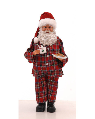 Babbo Natale con pigiama scozzese con tazza e biscotti, poliresina e tessuto, 46 cm Babbo Natale con pigiama scozzese con tazza e biscotti, poliresina e tessuto, 46 cm