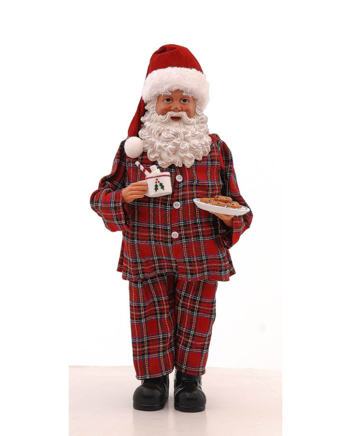 Babbo Natale con pigiama scozzese con tazza e biscotti, poliresina e tessuto, 46 cm Babbo Natale con pigiama scozzese con tazza e biscotti, poliresina e tessuto, 46 cm