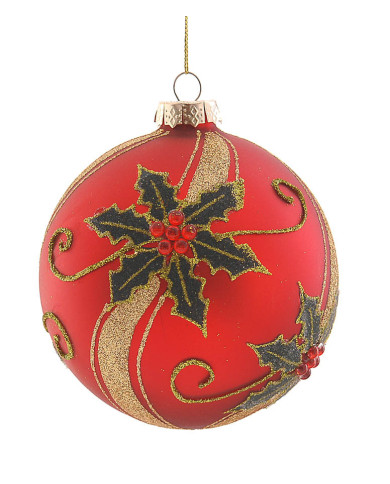 Sfera in vetro con agrifoglio, col. rosso, diam 12 cm Sfera in vetro con agrifoglio, col. rosso, diam 12 cm