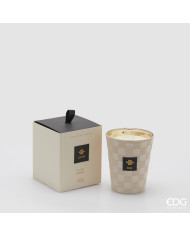 Candela Cuir con profumo, 360 gr, profumazione Foresta nera , col. panna, durata 40 ore, alt. 16cm  in elegante scatola regalo