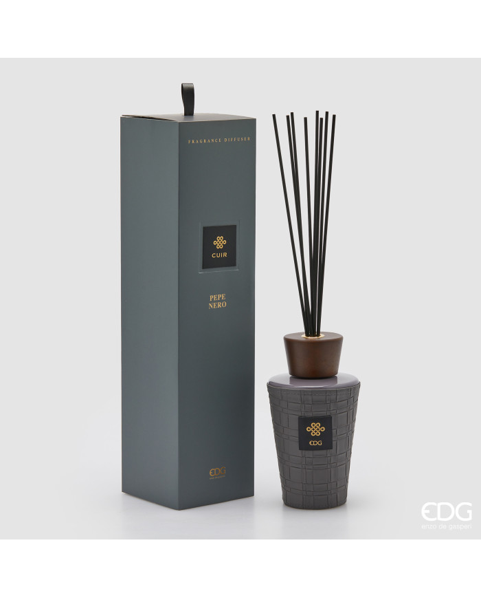 Profumatore in bottiglia con bastoncini Cuir, 1000 ml, profumazione pepe nero, col. grigio fumo, h. 22cm