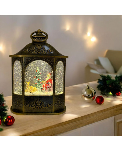 Lanterna esagonale con babbo natale, glitter led, h. 21 cm, batterie 3aa non incluse Lanterna esagonale con babbo natale, glitter led, h. 21 cm, batterie 3aa non incluse