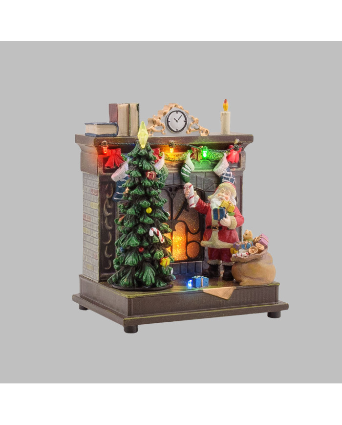 Villaggio "babbo con caminetto", con led e musica, h. 20 cm. Villaggio "babbo con caminetto", con led e musica, h. 20 cm.