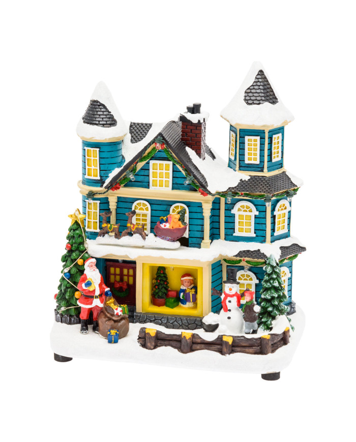 Villaggio "casa con scena natalizia", slitta in movimento oriz. e albero di natale con luci rgb 20xh.23 cm, musica e led Villaggio "casa con scena natalizia", slitta in movimento oriz. e albero di natale con luci rgb 20xh.23 cm, musica e led