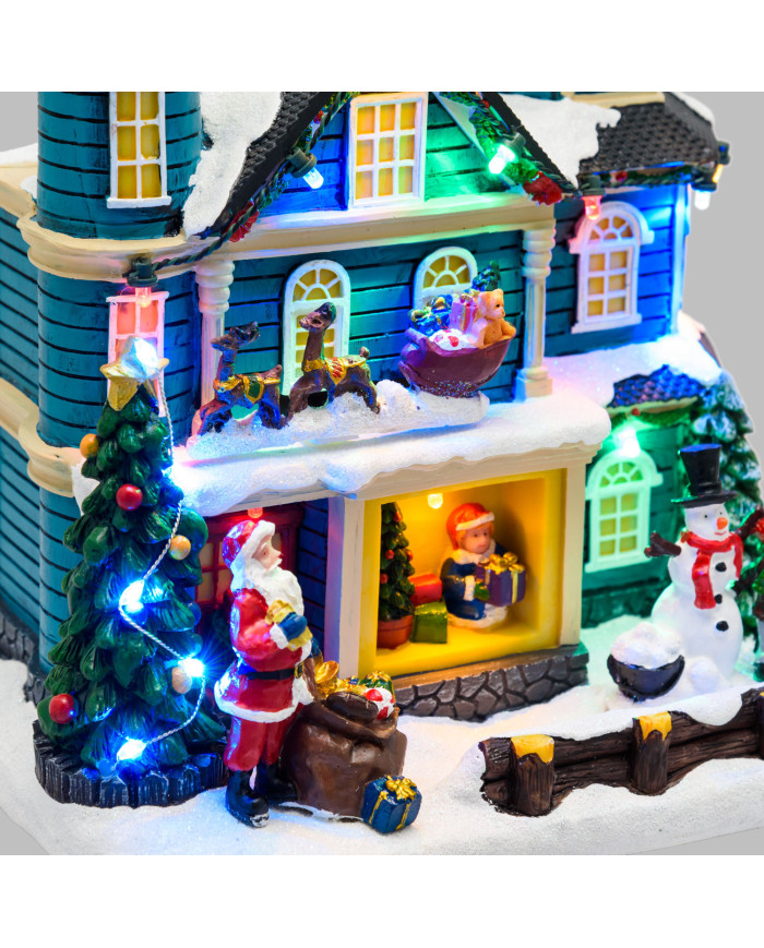 Villaggio "casa con scena natalizia", slitta in movimento oriz. e albero di natale con luci rgb 20xh.23 cm, musica e led