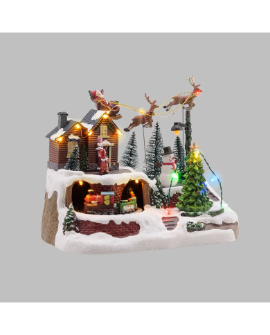 Villaggio "babbo con renne", h. 23 cm, con led  e  musica Villaggio "babbo con renne", h. 23 cm, con led  e  musica