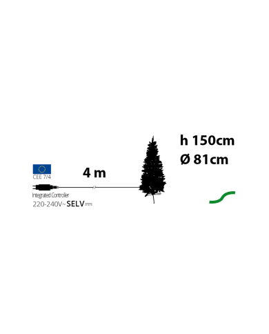 Abete slim realizzato in pvc+pe, altezza  150 cm, con 200 led bianco caldo, diam. 81 cm Abete slim realizzato in pvc+pe, altezza  150 cm, con 200 led bianco caldo, diam. 81 cm