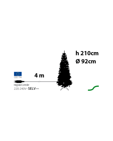 Abete slim realizzato in pvc+pe, altezza  210 cm, con 400 led bianco caldo, diam. 92 cm Abete slim realizzato in pvc+pe, altezza  210 cm, con 400 led bianco caldo, diam. 92 cm