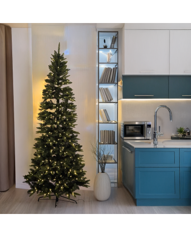 Abete slim realizzato in pvc+pe, altezza  240 cm, con 500 led bianco caldo, diam. 102 cm Abete slim realizzato in pvc+pe, altezza  240 cm, con 500 led bianco caldo, diam. 102 cm